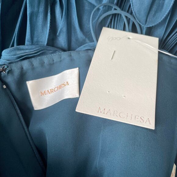 Marchesa Silk Knife Pleated Party Dress Strapless Black Crystals Teal 4 NWT - Picture 4 of 12